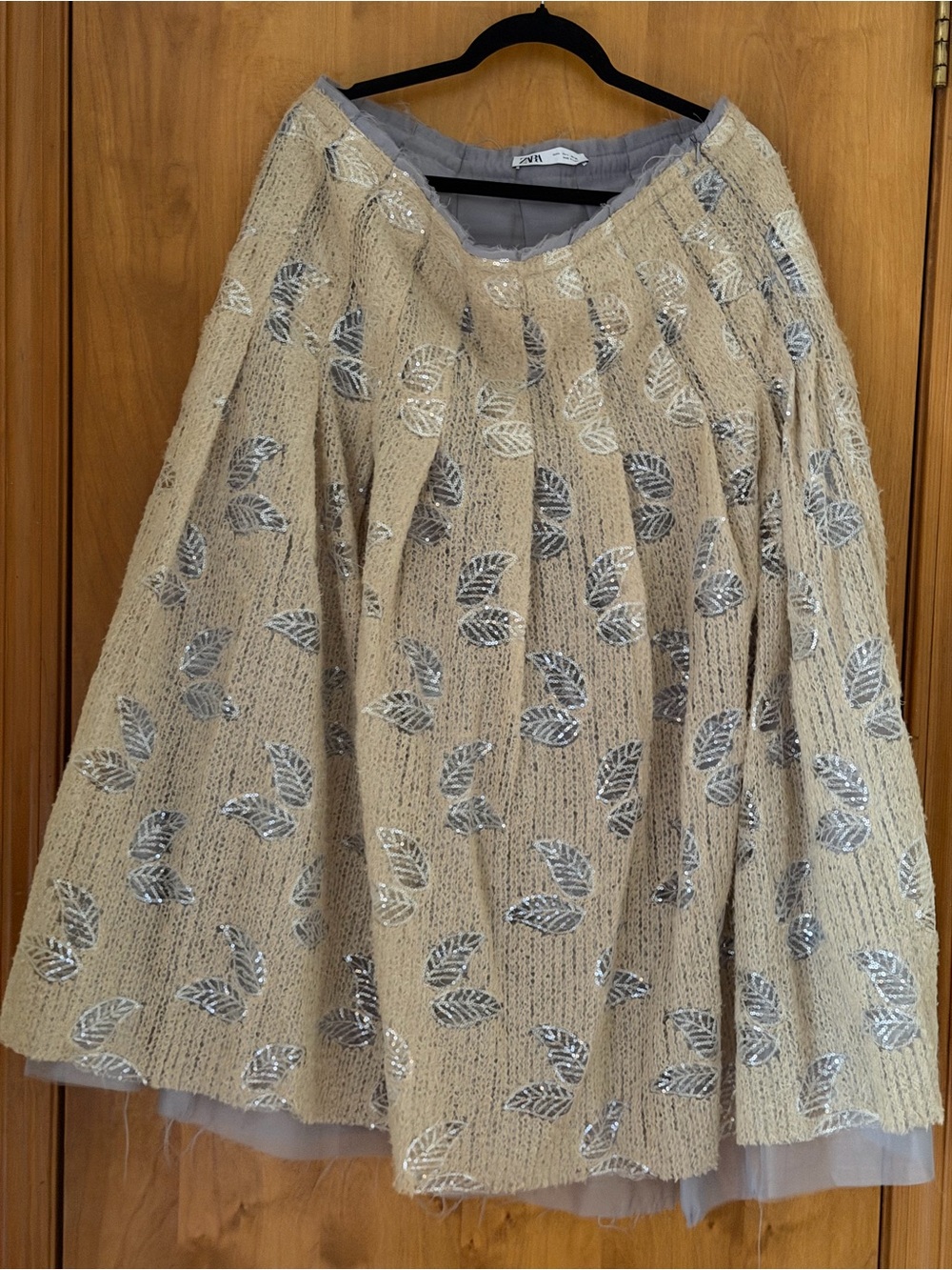 Women's Beige Sweater Skirt with Silver Leaf Embellishment